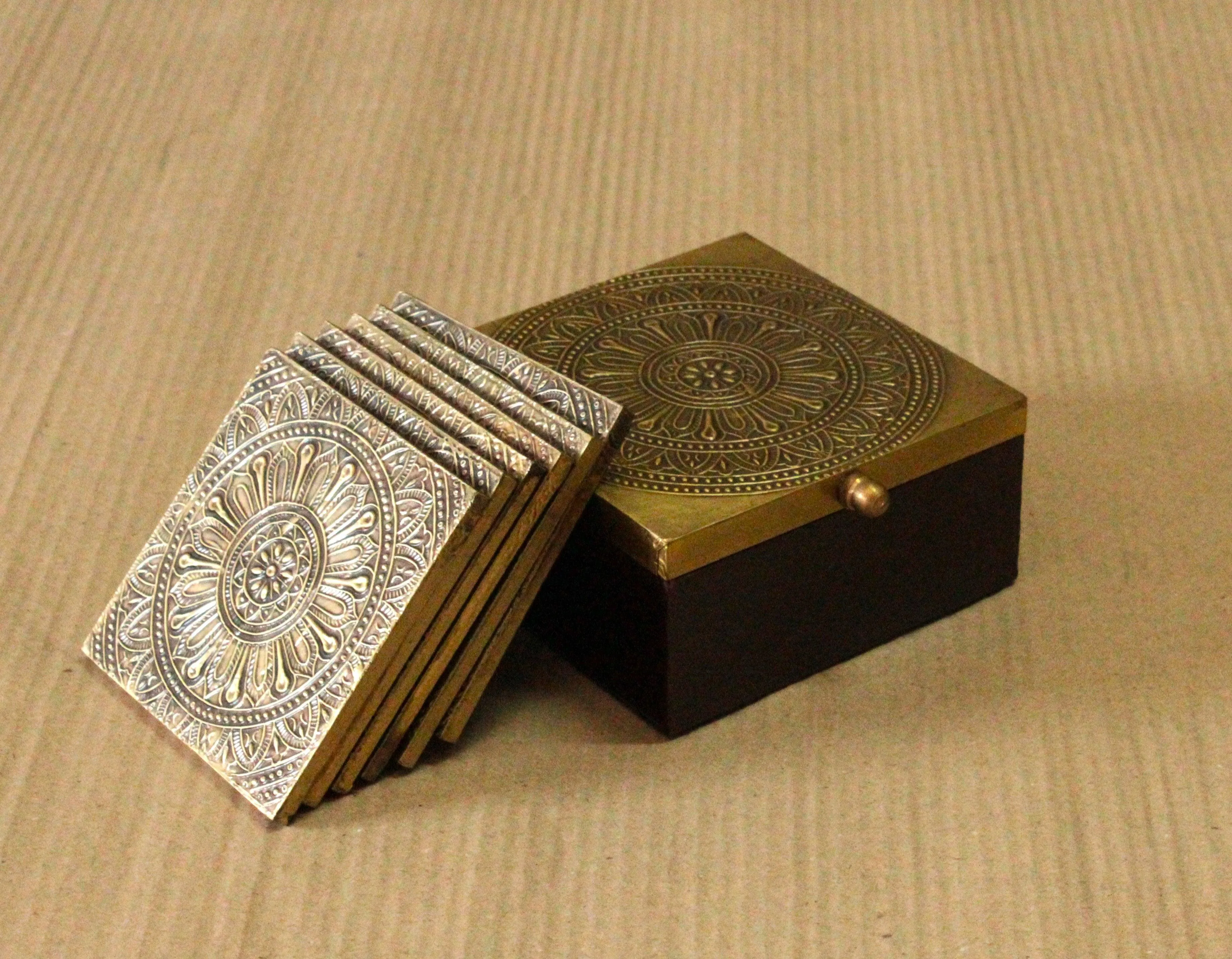 Wooden Coaster Box with Brass Fittings - Stylish Organization for Your Tabletop