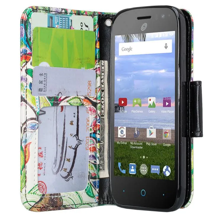 ZTE Citrine LTE Case, Wrist Strap Flip Folio [Kickstand] Pu Leather Wallet Case with ID & Credit Card Slots & Money Pocket - Vibrant Tree