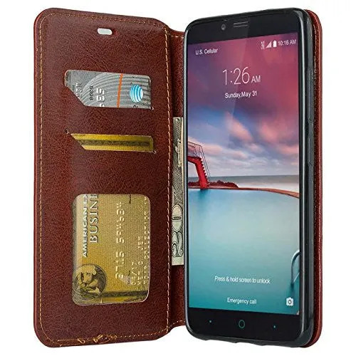 ZTE Prestige Case, Sonata 3, ZTE Avid Plus, ZTE Avid Trio, ZFive 2, Midnight Pro, Maven 2, Cheers, Faux Leather Magnetic Flip Fold[Kickstand] Wallet Case Cover with Card Slots - Brown