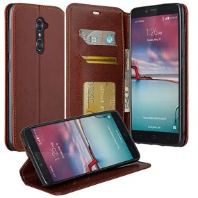 ZTE Prestige Case, Sonata 3, ZTE Avid Plus, ZTE Avid Trio, ZFive 2, Midnight Pro, Maven 2, Cheers, Faux Leather Magnetic Flip Fold[Kickstand] Wallet Case Cover with Card Slots - Brown