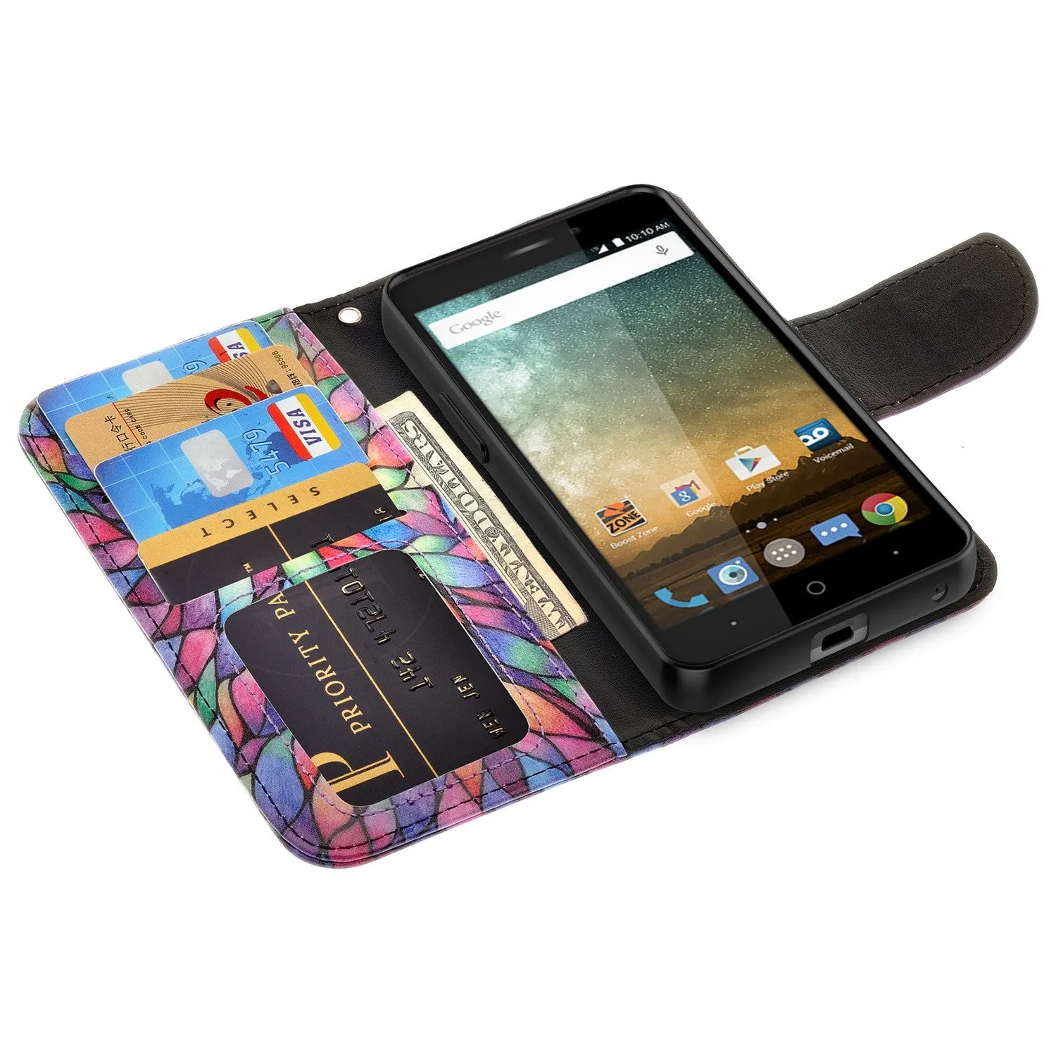 ZTE Prestige Case | ZTE Sonata 3 | ZTE Avid Plus | ZTE Avid Trio Pu Leather Magnetic Flip Fold[Kickstand] Wrist Strap Wallet Case with ID & Card Slots for ZTE Prestige/Sonata3/Avid/Avid Plus - Rainbow Flower