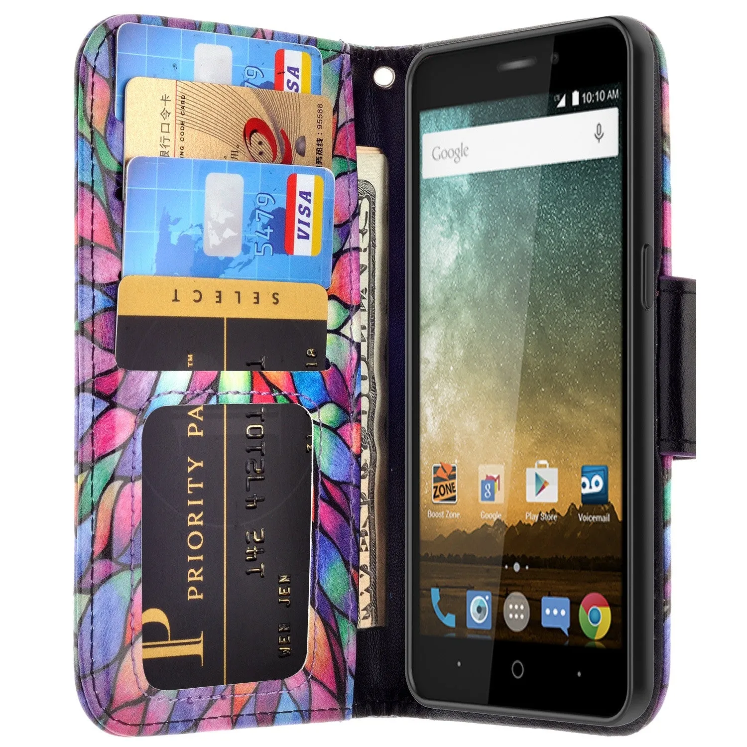 ZTE Prestige Case | ZTE Sonata 3 | ZTE Avid Plus | ZTE Avid Trio Pu Leather Magnetic Flip Fold[Kickstand] Wrist Strap Wallet Case with ID & Card Slots for ZTE Prestige/Sonata3/Avid/Avid Plus - Rainbow Flower