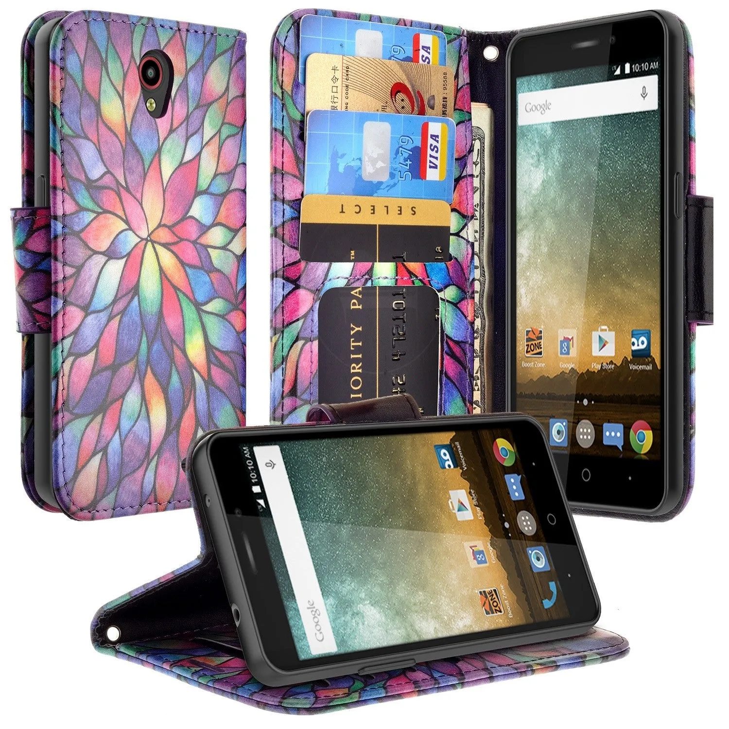 ZTE Prestige Case | ZTE Sonata 3 | ZTE Avid Plus | ZTE Avid Trio Pu Leather Magnetic Flip Fold[Kickstand] Wrist Strap Wallet Case with ID & Card Slots for ZTE Prestige/Sonata3/Avid/Avid Plus - Rainbow Flower